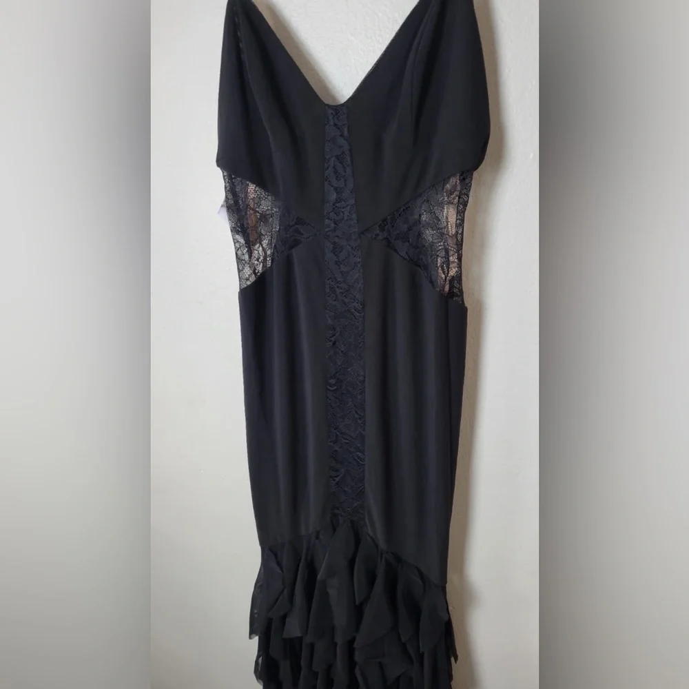Fame and Partners Abby Gown Draped Tiered Black Spaghetti Strap Maxi Dress Lace - Picture 2 of 9